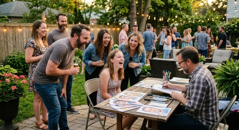 People lining up at a backyard party to get their caricature drawn
