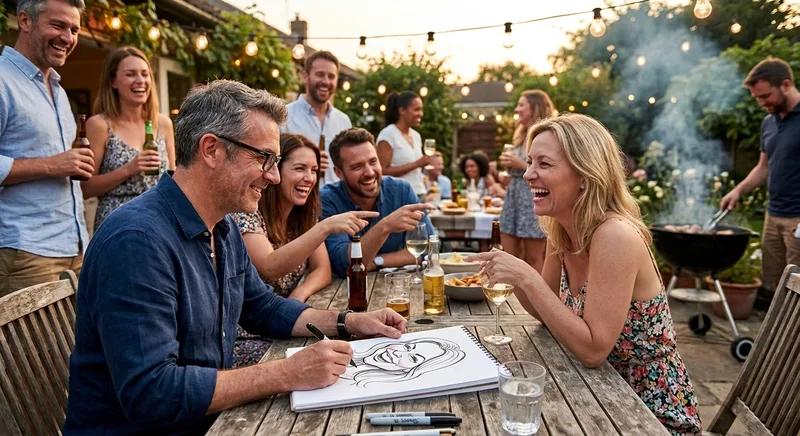 A man drawing a caricature of a laughing woman at a backyard party while friends watch