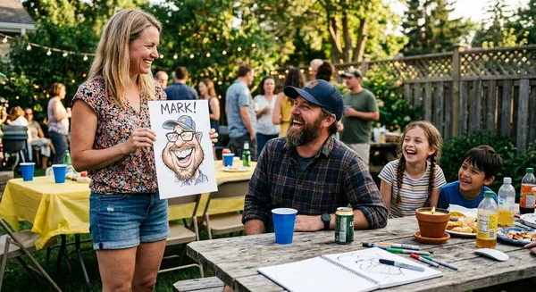 Woman holding up a caricature at a party, everyone laughing