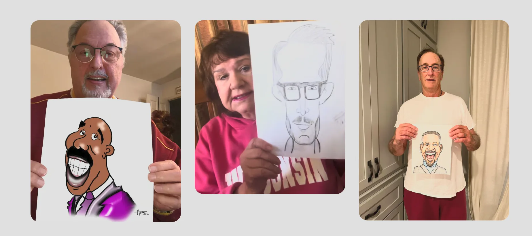 Three Caricature Academy students proudly holding up their caricature drawings